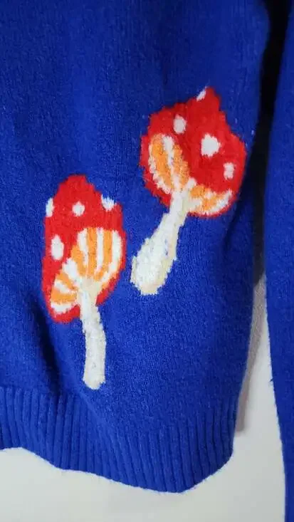 Forever 21 Royal Blue Mushroom Graphic Knit Pullover Sweater Size Medium - Picture 2 of 5